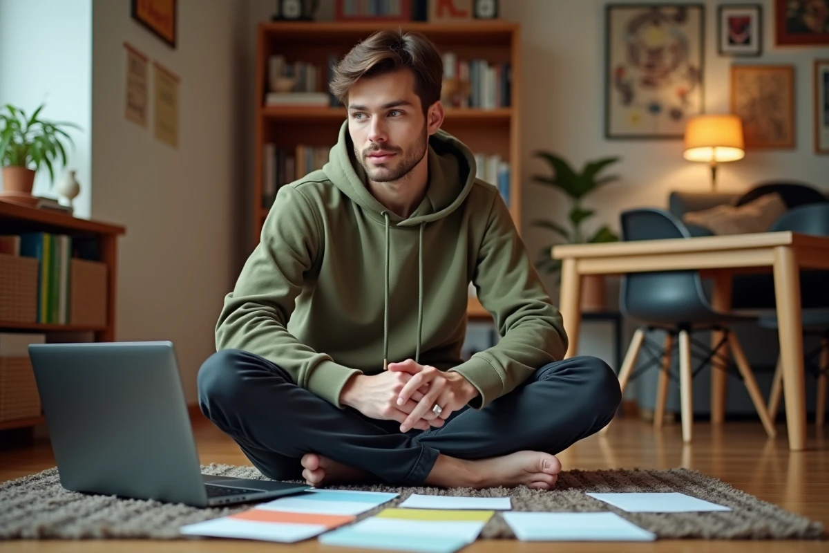 Jeune homme organisant son système personnel de productivité avec des fiches et un laptop dans un bureau à domicile