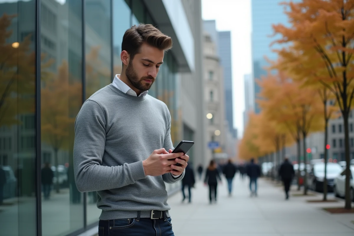 Jeune investisseur consultant une application financière sur smartphone devant un immeuble de bureaux pour ses placements en 2026