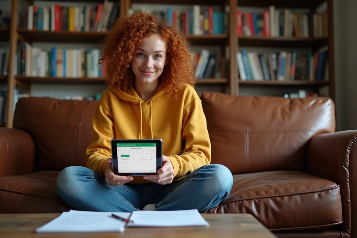 Jeune personne consultant une formule de calcul de jours entre deux dates sur Google Sheets via une tablette dans un salon