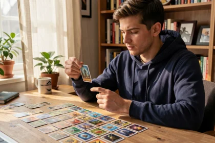 Joueur adulte analysant des cartes Pokémon communes sur un bureau en bois dans un bureau à domicile, stratégie de deck budget Pokémon Pocket
