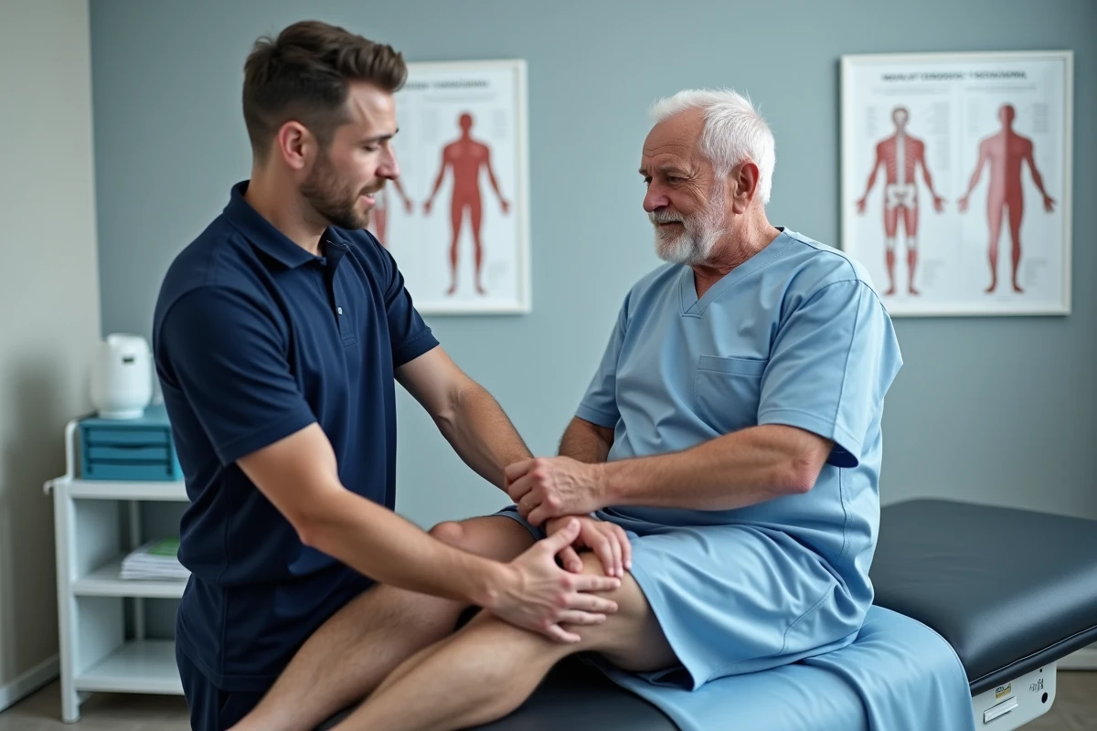 Kinésithérapeute guidant un patient âgé dans un exercice de mobilité du genou en clinique de rééducation