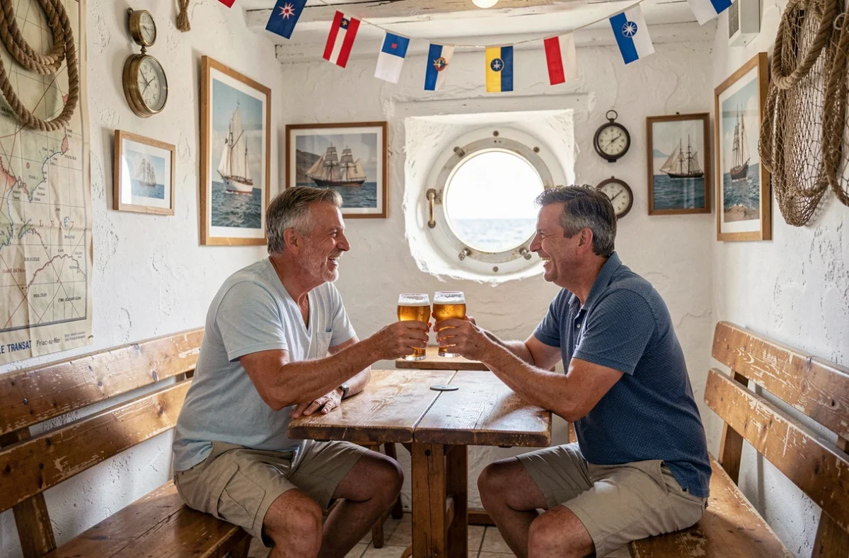 Deux amis trinquant au Transat, pub marin à Piriac-sur-Mer décoré de cartes maritimes, filets de pêche et photographies de voiliers