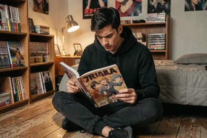 Jeune homme lisant un manga Black Clover dans une chambre cosy entourée de volumes empilés