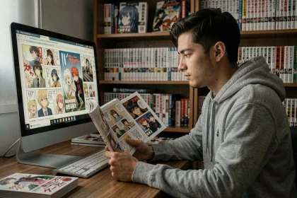 Jeune homme lisant des scans de manga en ligne sur son ordinateur dans un bureau à domicile, illustrant les risques juridiques du piratage de manga en 2026