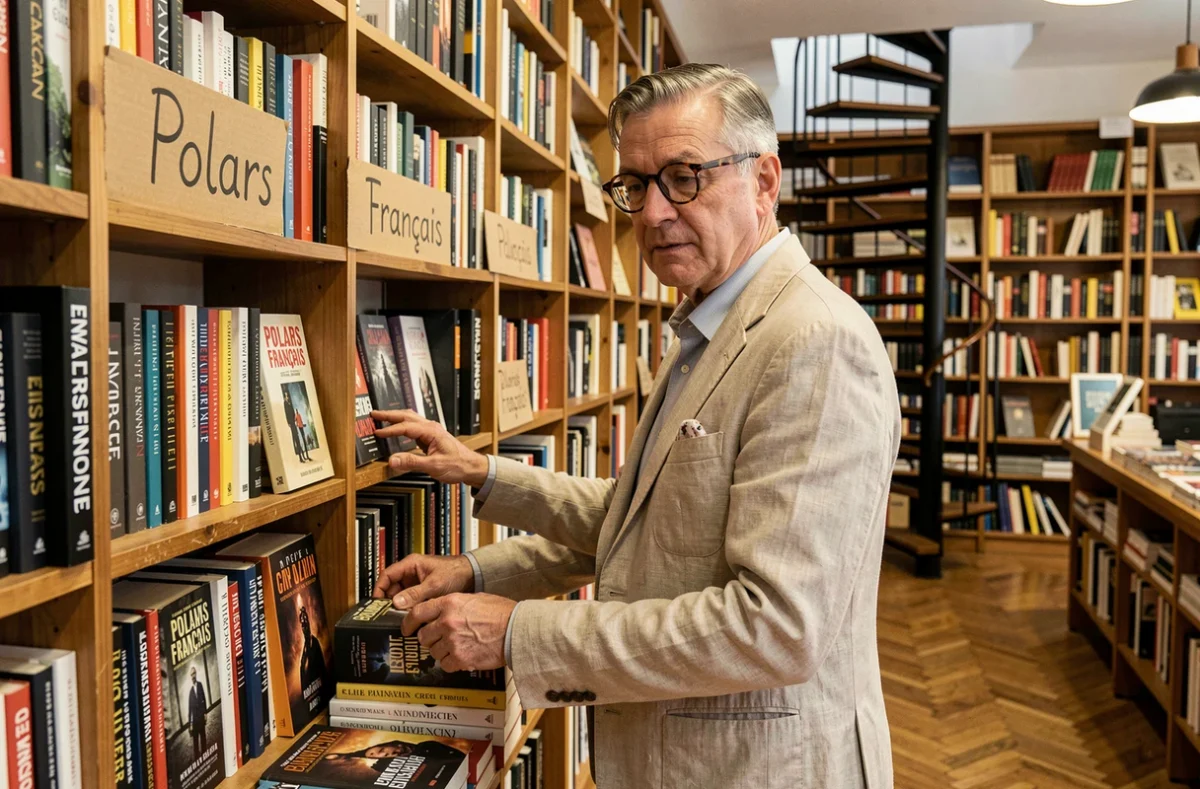 Libraire français arrangeant des romans policiers cozy dans une librairie indépendante à Lyon, ambiance chaleureuse et littéraire