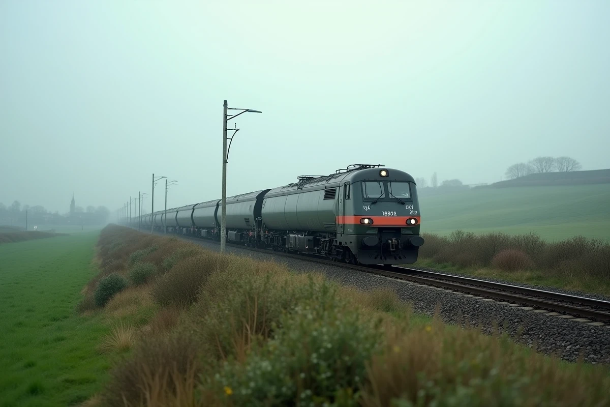 Locomotive de fret diesel tirant des wagons-citernes à travers la campagne française sous un ciel nuageux