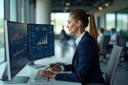Professionnelle de la finance utilisant des logiciels de tableaux de bord financiers sur deux écrans dans un bureau moderne
