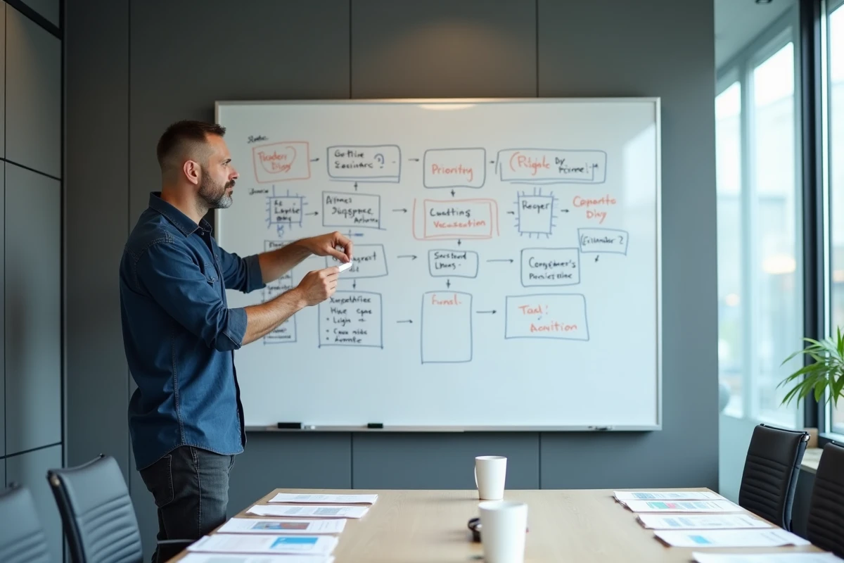 Manager expliquant un système de gestion de la productivité sur un tableau blanc en salle de réunion