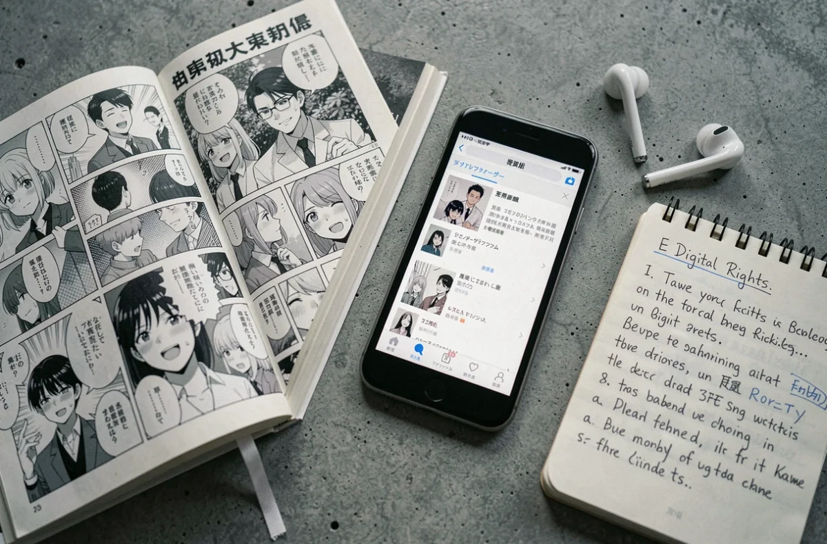 Vue aérienne d'un manga physique ouvert à côté d'un smartphone affichant une application de lecture, symbolisant le débat entre lecture légale et piratage de manga en 2026