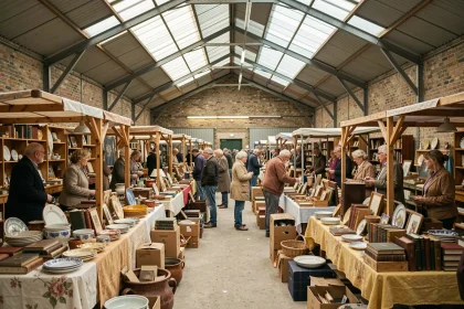 Marché aux puces couvert animé dans le Morbihan avec des étals de brocante sous un hangar