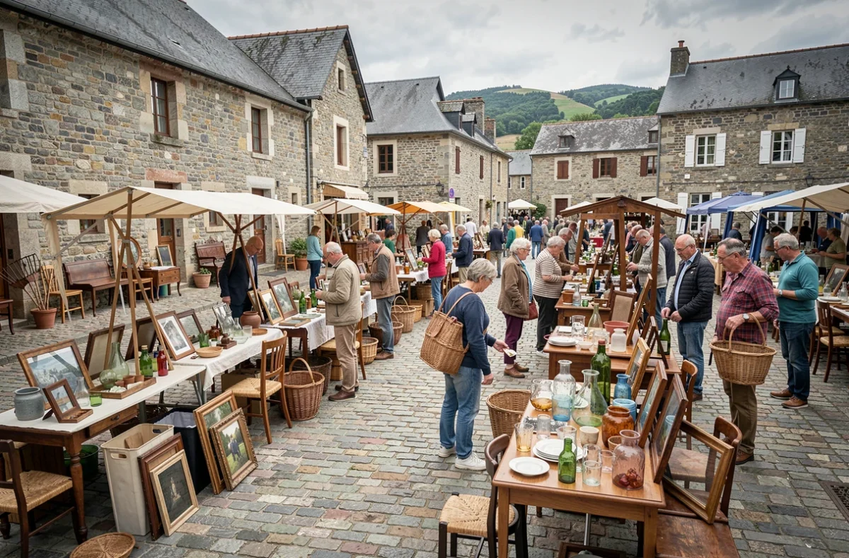 Vue large d'un marché aux puces en plein air sur une place de village typique du Cantal avec antiquités et visiteurs