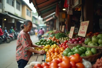 Marché local en Asie du Sud-Est avec une vendeuse proposant des fruits tropicaux à des prix très bas, illustrant le coût de la vie abordable dans ces pays