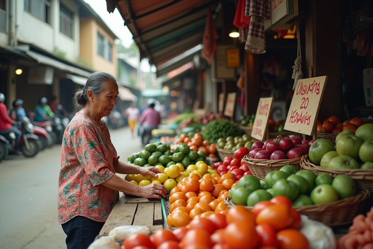 Marché local en Asie du Sud-Est avec une vendeuse proposant des fruits tropicaux à des prix très bas, illustrant le coût de la vie abordable dans ces pays