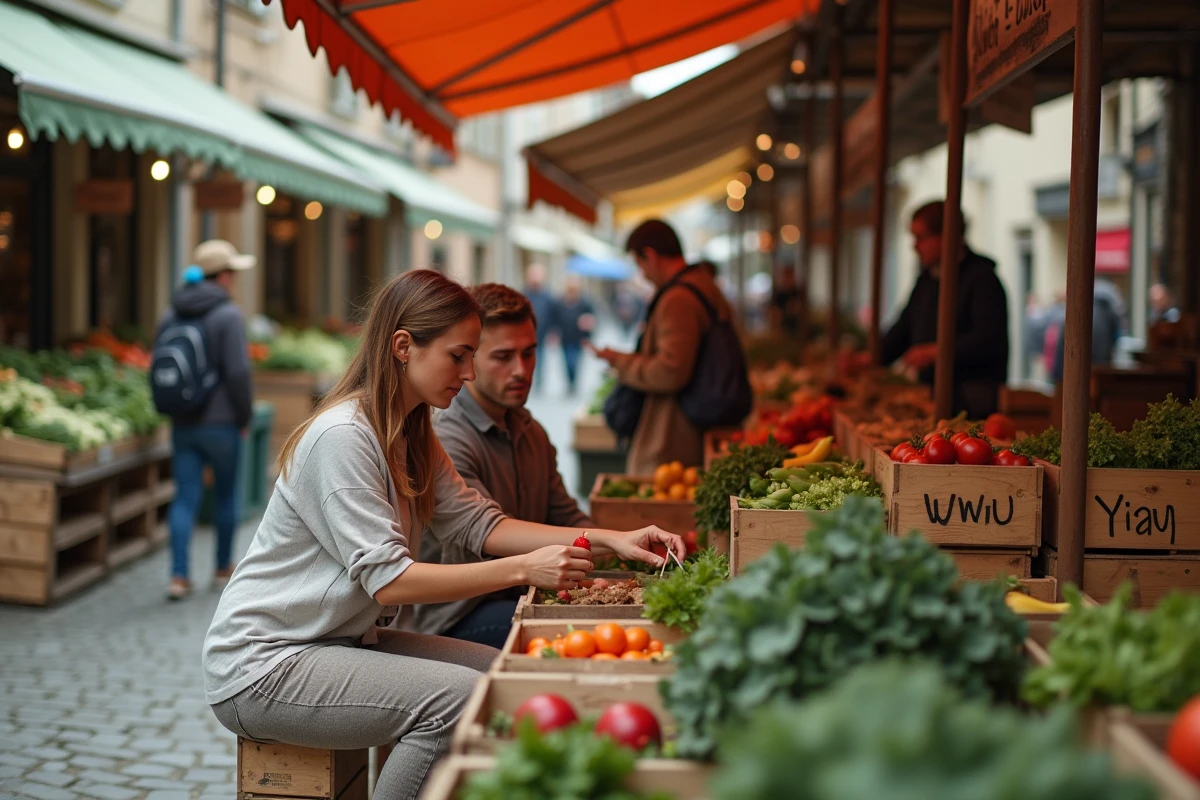 Couple de jeunes Français faisant leurs courses dans un marché local abordable en Auvergne, illustrant le coût de la vie peu élevé dans les régions rurales françaises