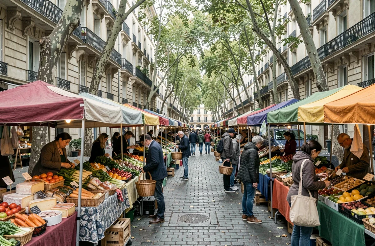 Marché de rue animé dans un quartier populaire de Paris avec étals de fruits et légumes
