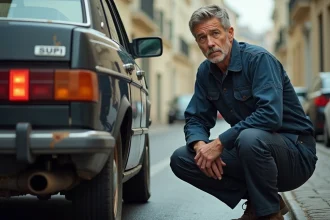 Mécanicien inspectant le pot d'échappement d'un véhicule diesel dans une rue résidentielle française