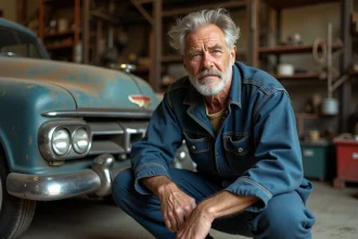 Mécanicien âgé inspectant une automobile vintage des années 1960 dans un garage traditionnel, illustrant l'évolution de l'industrie automobile