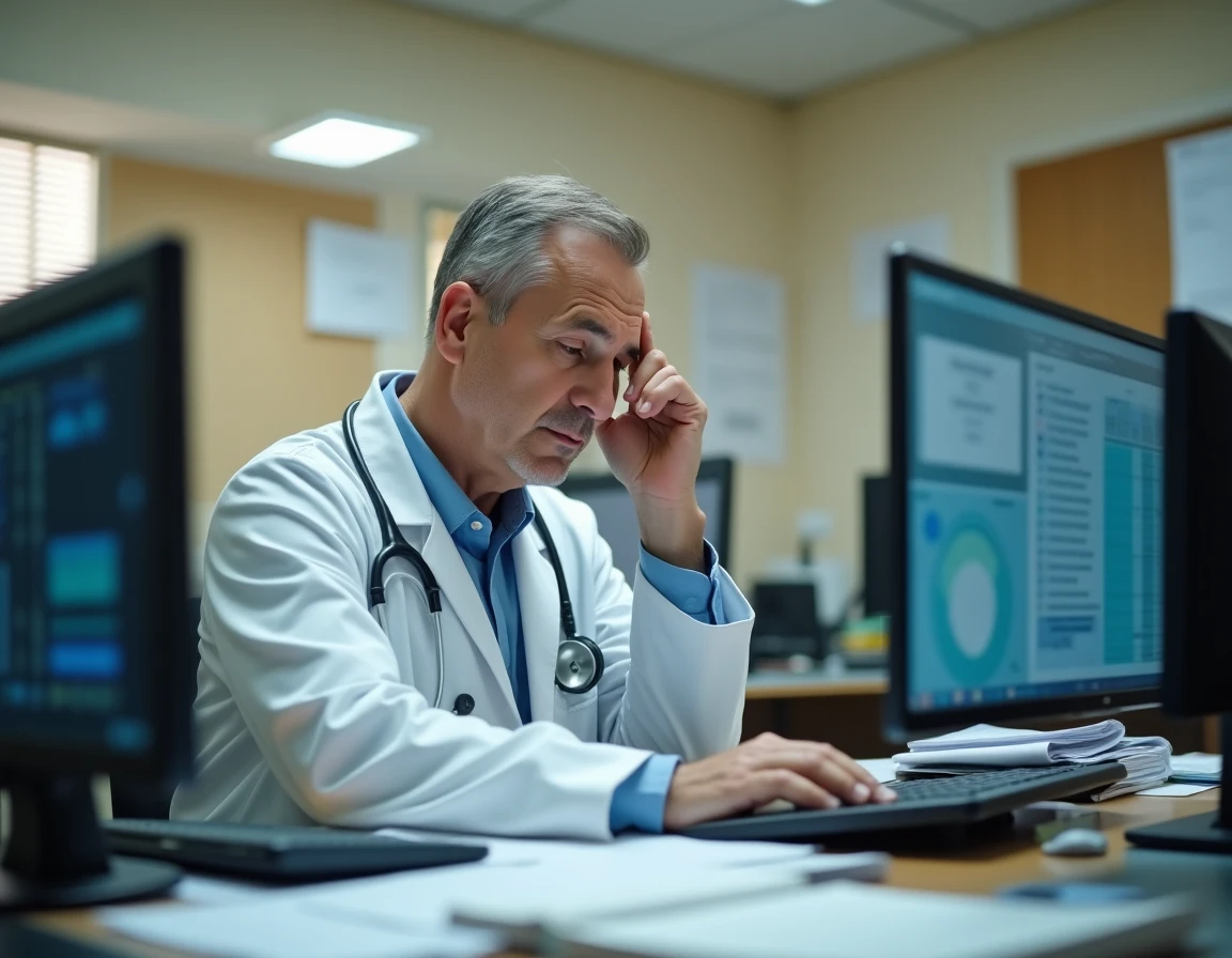 Médecin fatigué face aux outils numériques de santé et dossiers électroniques dans un bureau hospitalier
