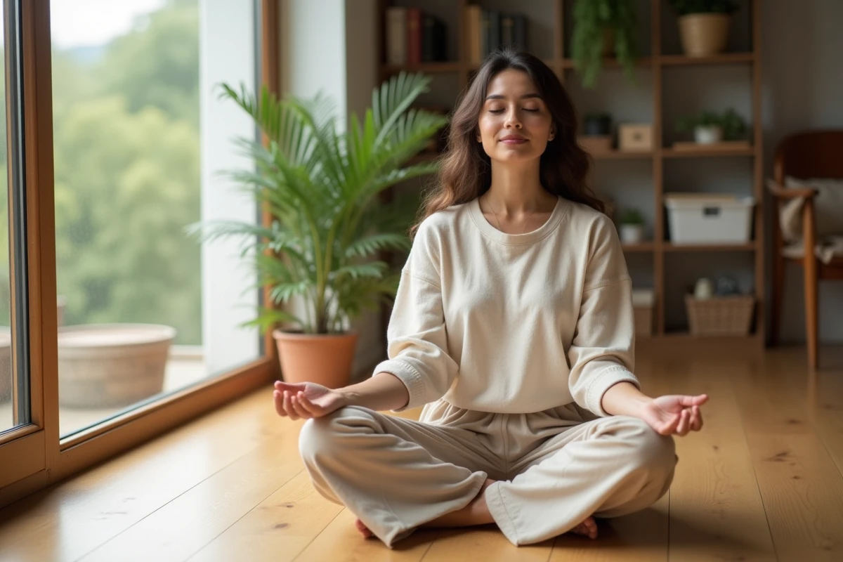 Femme pratiquant la méditation chez elle pour apaiser les troubles de l'humeur naturellement