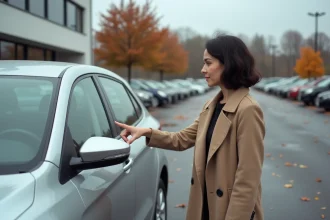 Femme inspectant une voiture d'occasion dans un parking de concessionnaire en automne