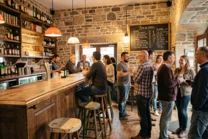 Vue d'ensemble d'un bar animé en Loire-Atlantique avec comptoir en bois, étagères de bouteilles et clients attablés dans une atmosphère chaleureuse