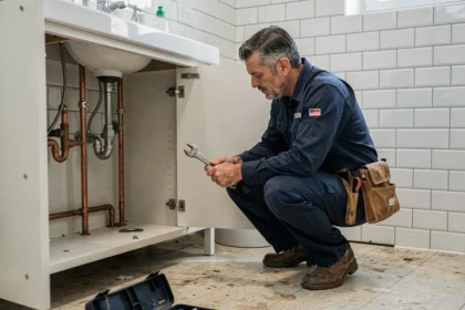Plombier professionnel inspectant des canalisations sous un évier dans une salle de bain résidentielle à Tours