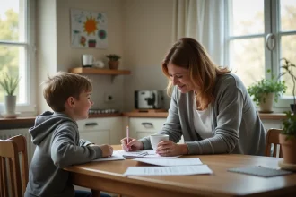 Mère célibataire aidant son fils adolescent à faire ses devoirs dans une cuisine chaleureuse et modeste