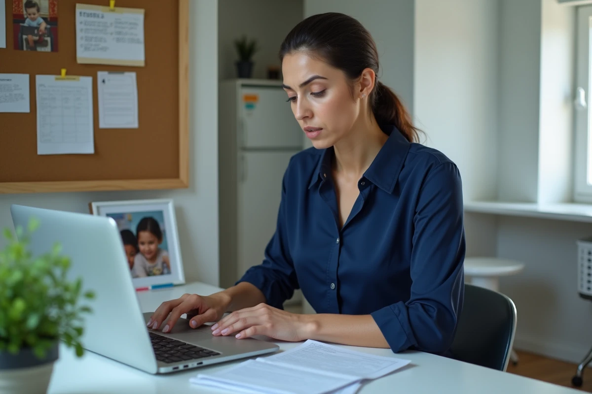 Mère célibataire travaillant depuis son bureau à domicile avec une photo de ses enfants en arrière-plan