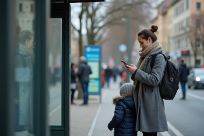 Mère et enfant attendant un bus TCL absent lors d'une grève à Lyon en décembre