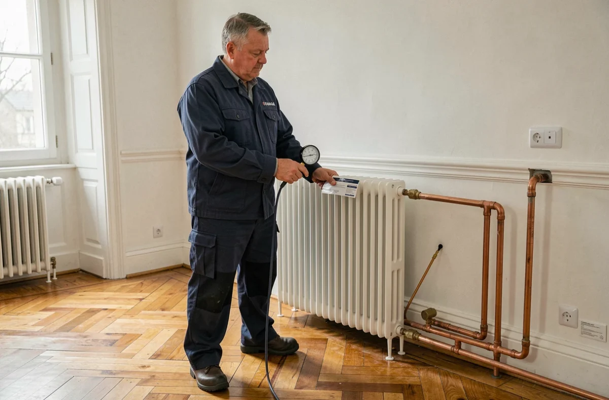 Plombier chauffagiste Migeon Ludovic testant la pression d'un radiateur dans un salon à Tours