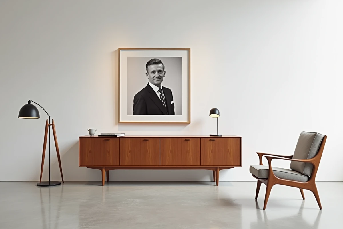 Exposition de meubles iconiques du design scandinave dans un musée danois minimaliste avec portrait de designer vintage