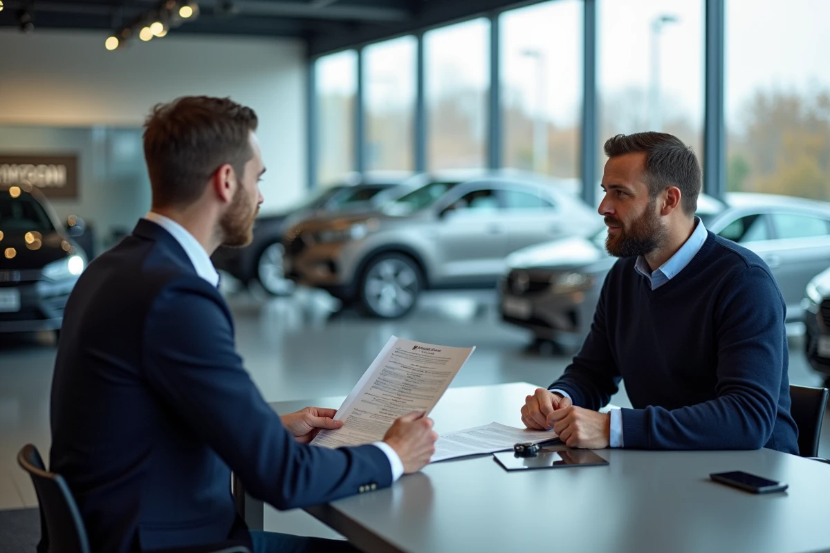 Homme en train de négocier le prix d'un véhicule d'occasion avec un vendeur dans une concession automobile