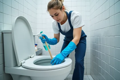 Nettoyeur professionnel en gants bleus récurant l'intérieur d'une cuvette de toilettes avec une brosse et un produit désinfectant commercial