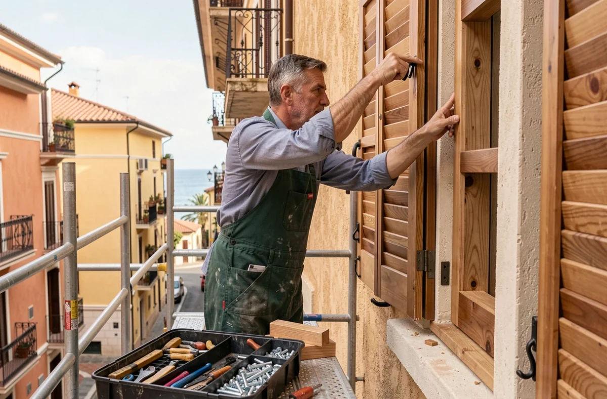 Artisan Nicea Fermetures posant un volet en bois sur la façade d'un immeuble traditionnel de Nice depuis un échafaudage