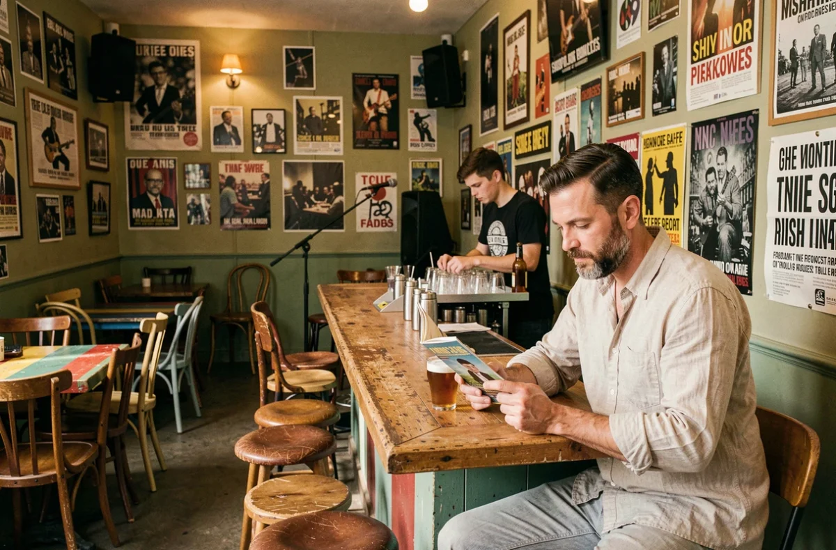 Client détendu savourant une bière artisanale au NMC Café à Nantes, bar culturel aux murs couverts d'affiches et d'œuvres d'art locales