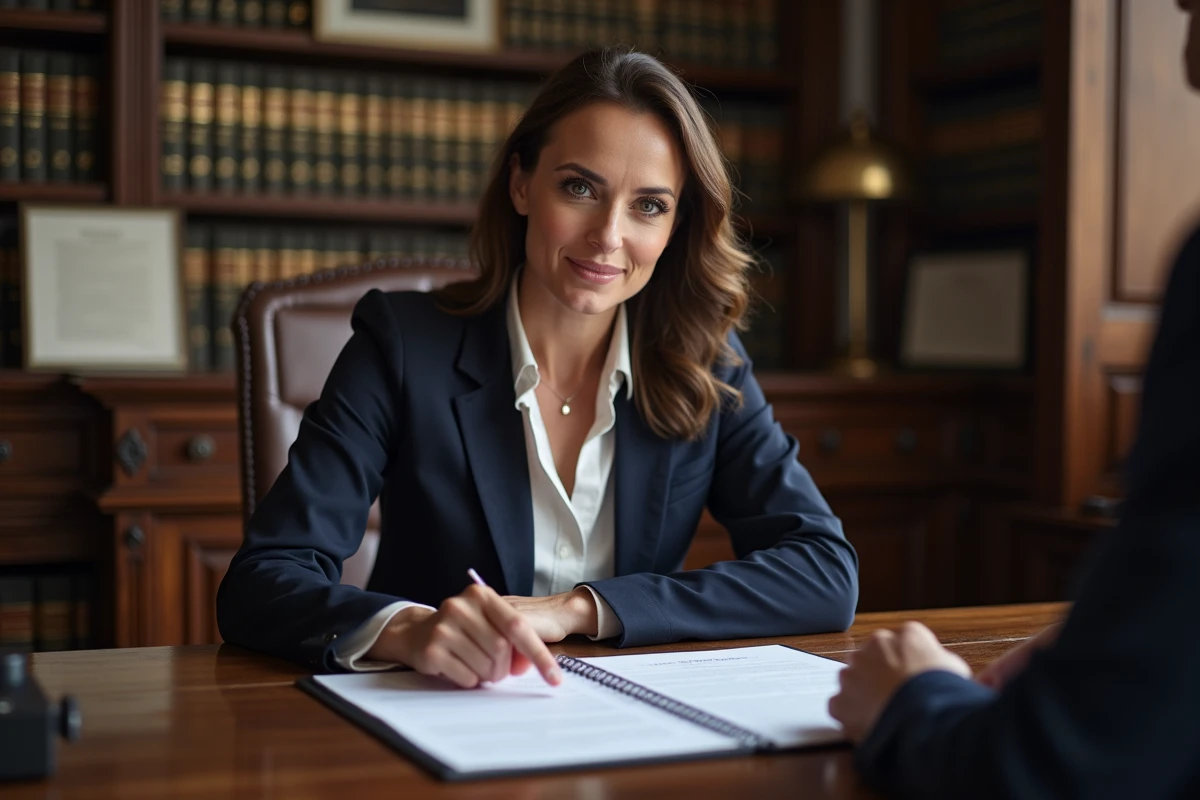 Notaire expliquant une clause légale à un client dans un bureau officiel, illustrant les obligations juridiques liées à la revente immobilière avant 5 ans