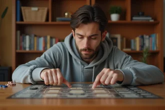 Joueur adulte concentré sur un plateau de jeu de société, pointant vers un objectif stratégique avec une expression de détermination