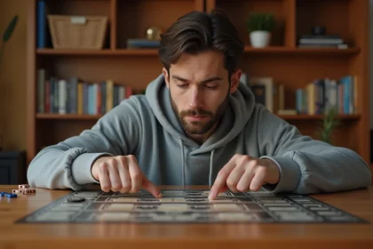 Joueur adulte concentré sur un plateau de jeu de société, pointant vers un objectif stratégique avec une expression de détermination