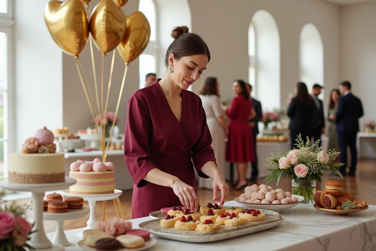 Femme organisant un buffet de desserts élégant pour un anniversaire adulte dans une salle de réception décorée