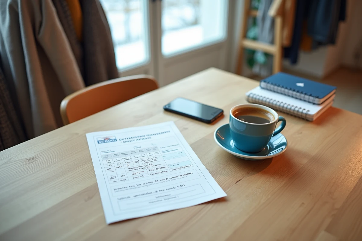 Table de cuisine avec planning scolaire et alerte grève TCL sur smartphone un matin de décembre
