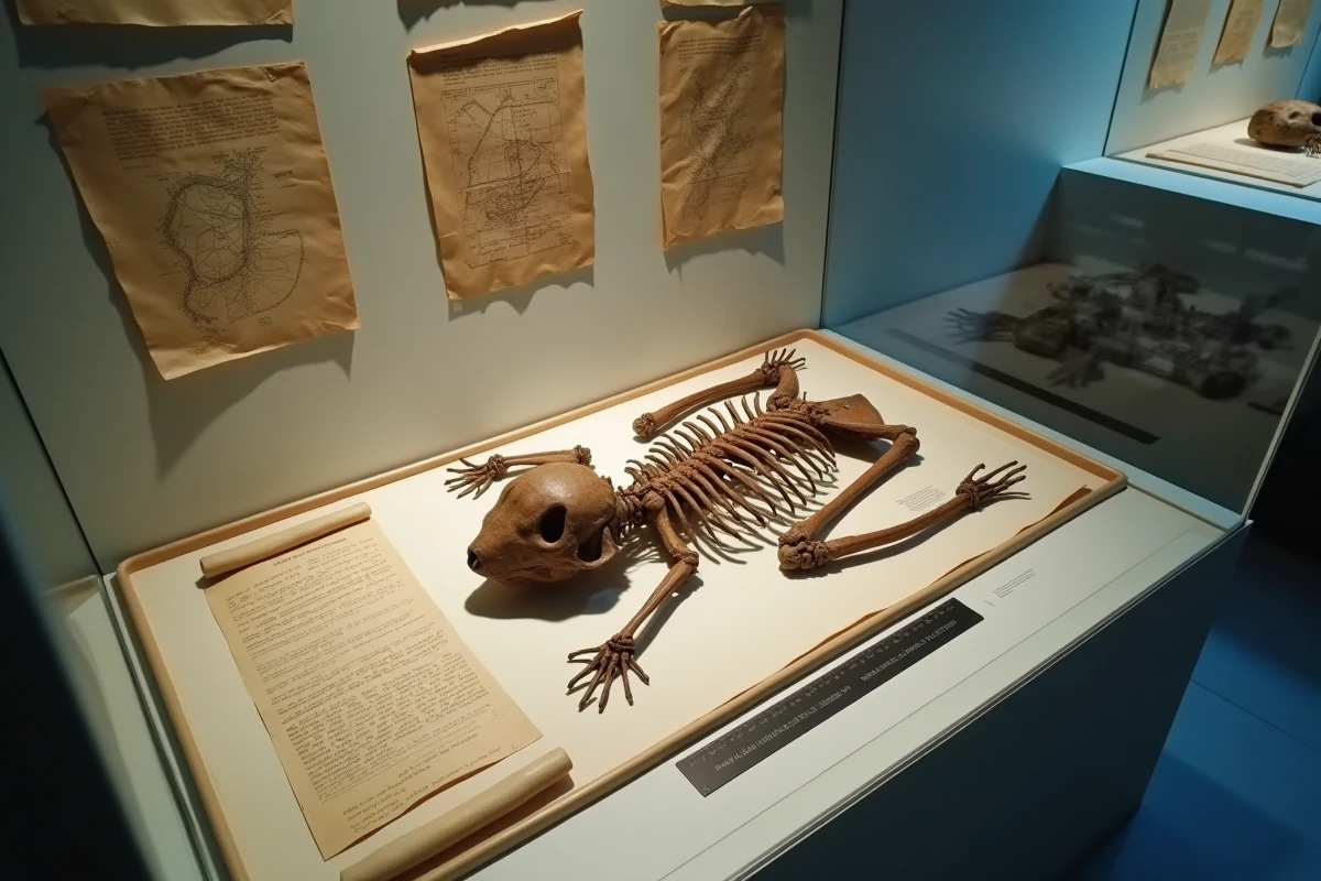 Vitrine de musée archéologique présentant des ossements vikings avec une règle de mesure et des notes de recherche manuscrites sur la taille des Vikings