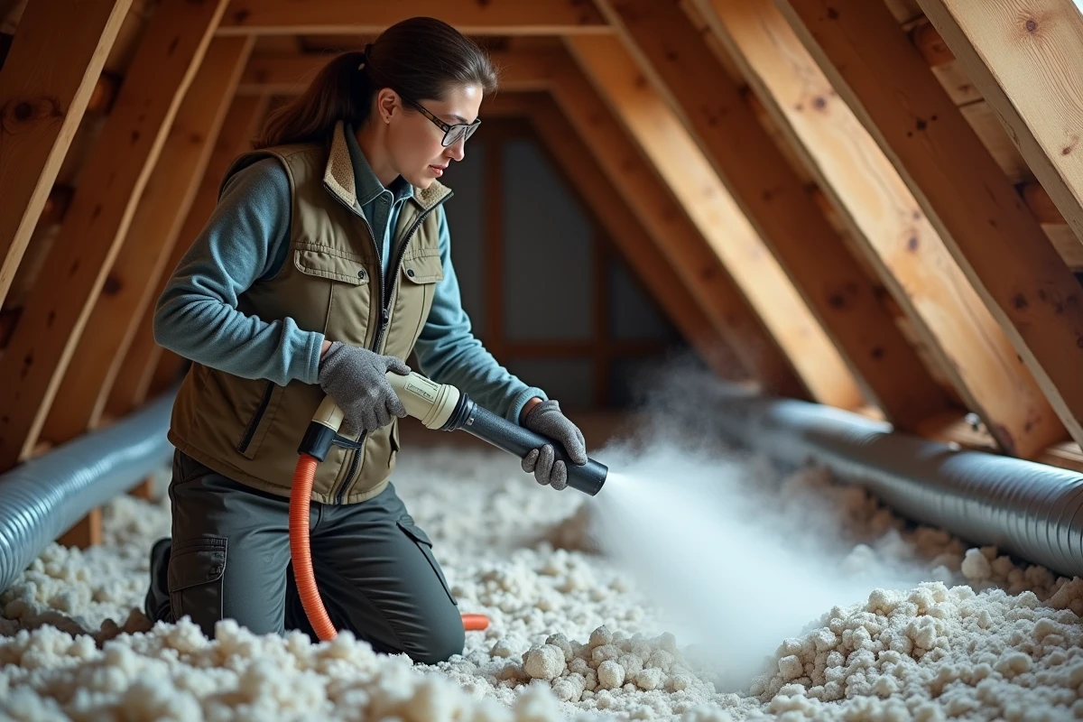 Femme soufflant de la ouate de cellulose dans les combles pour une isolation thermique économique