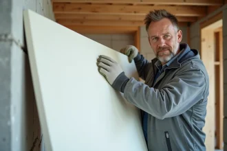Ouvrier posant un panneau isolant en Depron sur un mur intérieur lors de travaux de rénovation