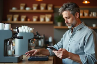 Homme payant avec son smartphone via un terminal de paiement sans contact dans un café moderne, illustrant la transition vers la monnaie numérique