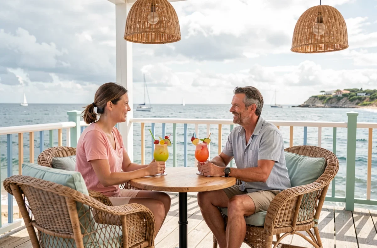 Couple profitant de cocktails colorés sur la terrasse vue mer du Papagayo à Pornic, bar lounge côtier avec mobilier en rotin et ambiance estivale