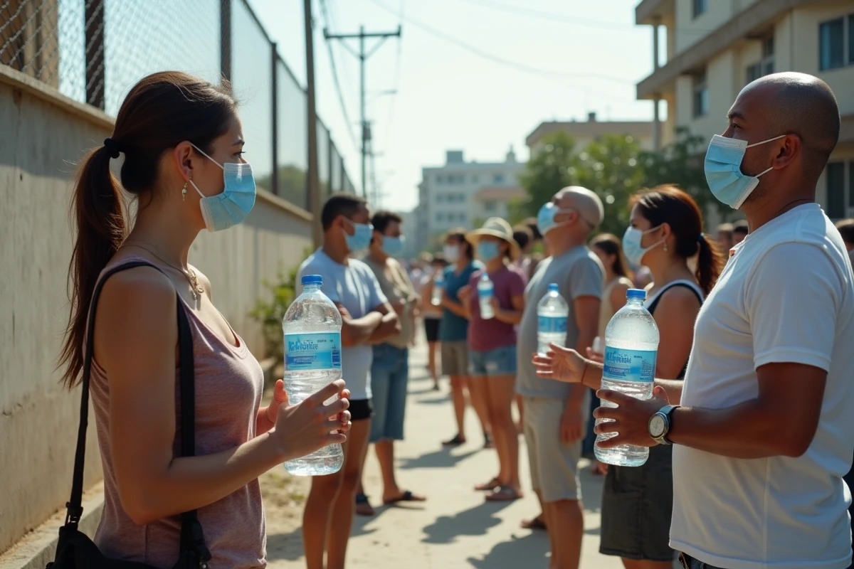 Habitants urbains faisant la queue à un point de distribution d'eau potable en période de canicule et pénurie hydrique