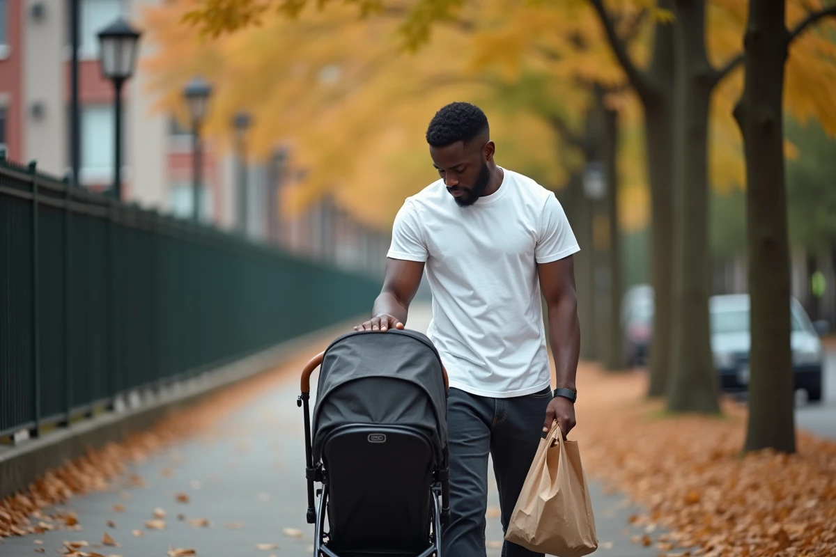 Père célibataire se promenant seul avec sa poussette dans un parc urbain en automne