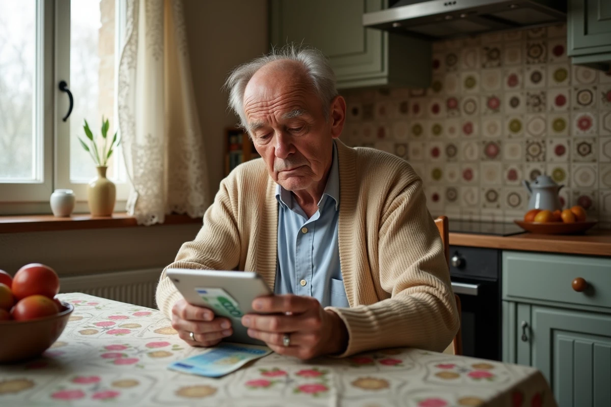 Homme âgé comparant un billet en euros à une interface de portefeuille numérique sur tablette, illustrant le fossé générationnel face à la monnaie numérique