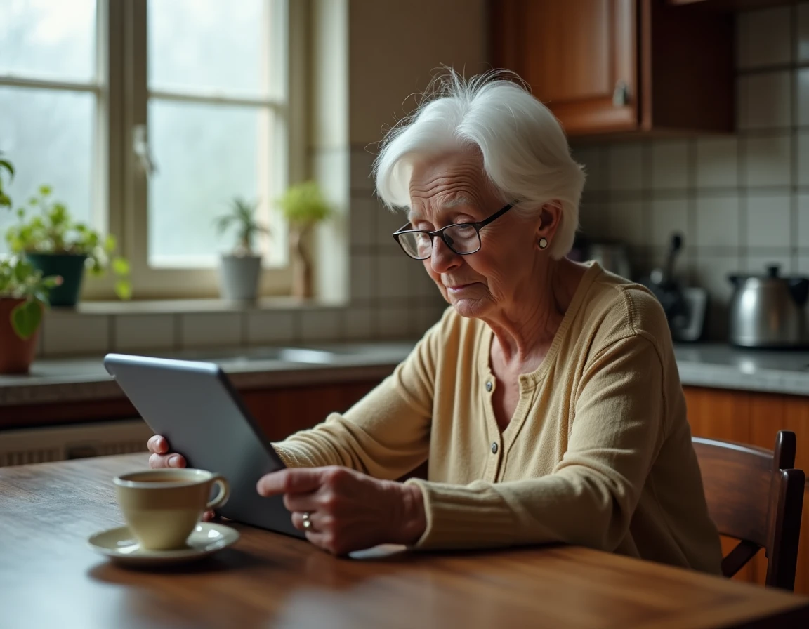 Personne âgée en difficulté avec une application de santé numérique sur tablette à domicile