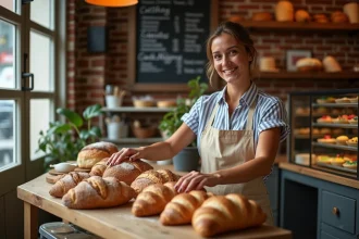 Boulangère artisanale arrangeant ses pains et viennoiseries dans une petite boulangerie de quartier, illustrant le succès d'un petit commerce local